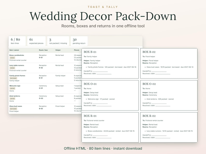 K&ouml;nnte beinhalten: Ein digitales Organisationstool mit dem Titel Wedding Decor Pack-Down, das eine Tabelle mit Artikellisten, erwarteten St&uuml;ckzahlen und Fehlmengen sowie sechs druckbare Etiketten f&uuml;r Boxen B-01, B-02, O-01, O-02, R-01 und R-02 enth&auml;lt.
