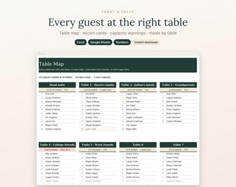 Wedding Seating Chart Planner Spreadsheet, Table Map, Alphabetical Escort Card List and Meals by Table, Excel and Google Sheets Template