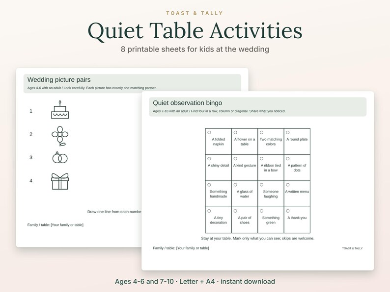 Manteles individuales con actividades para niños de boda, 8 actividades tranquilas para la mesa, edades de 4 a 6 y de 7 a 10 años, tamaño carta A4 SVG PNG PDF imagen 1