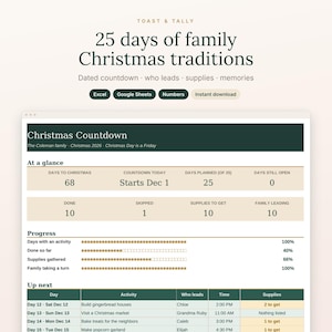May include: A digital spreadsheet template titled 25 days of family Christmas traditions. The interface displays a Christmas Countdown dashboard with sections for progress tracking, activity planning, and a schedule table with columns for day, activity, leader, time, and supplies.