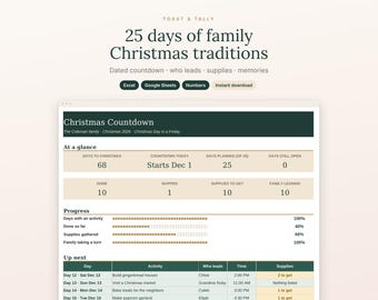 Christmas Countdown Calendar Planner, Family Traditions and Advent Activity Ideas, 25 Days of December, Excel Google Sheets Template