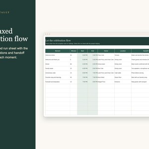 May include: A digital spreadsheet titled Let the celebration flow, organized into columns for moment, minutes, start, end, owner, location, and handoff notes. The table features dark green headers and light green highlights, presented on a dark green background with the text Toast & Tally, 05/05, A relaxed reception flow, and instructions for sharing a timed run sheet.