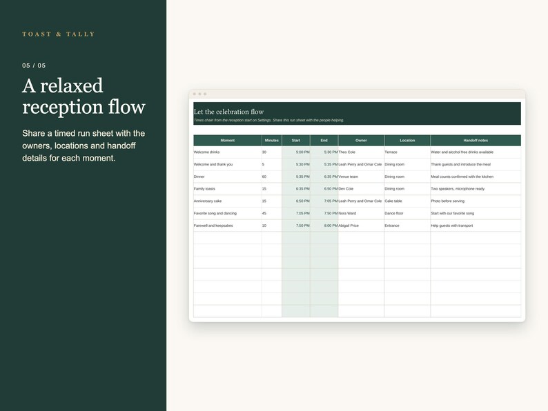 May include: A digital spreadsheet titled Let the celebration flow, organized into columns for moment, minutes, start, end, owner, location, and handoff notes. The table features dark green headers and light green highlights, presented on a dark green background with the text Toast & Tally, 05/05, A relaxed reception flow, and instructions for sharing a timed run sheet.