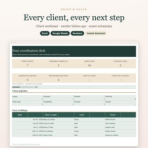 Wedding Planner Business Spreadsheet, Multi Client Organizer, Coordinator Tasks, Vendor Contacts and Event Calendar, Excel Google Sheets