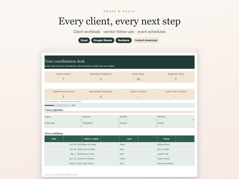 Wedding Planner Business Spreadsheet, Multi Client Organizer, Coordinator Tasks, Vendor Contacts and Event Calendar, Excel Google Sheets image 1
