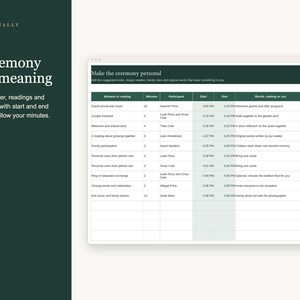 May include: A digital planning template titled Toast & Tally 02/05 A ceremony with meaning. The interface displays a dark green sidebar with text instructions and a white spreadsheet table for organizing wedding ceremony details.