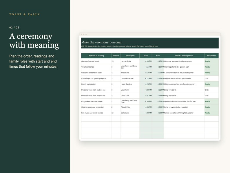 May include: A digital planning template titled Toast & Tally 02/05 A ceremony with meaning. The interface displays a dark green sidebar with text instructions and a white spreadsheet table for organizing wedding ceremony details.