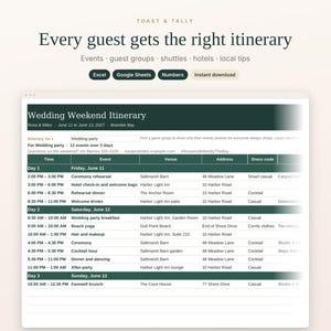Wedding Weekend Itinerary Template for Guests, Printable Wedding Schedule, Hotel and Shuttle Info, Excel Google Sheets image 1