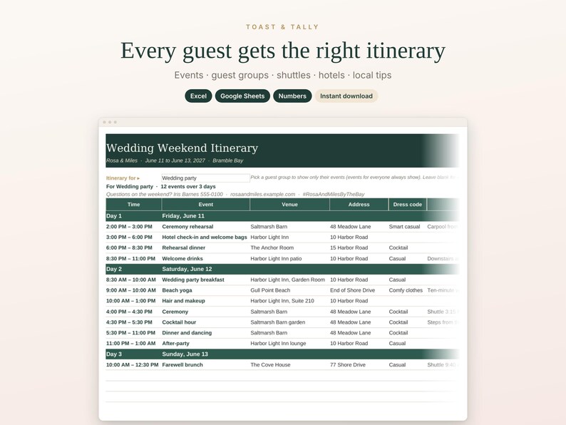 Wedding Weekend Itinerary Template for Guests, Printable Wedding Schedule, Hotel and Shuttle Info, Excel Google Sheets image 1