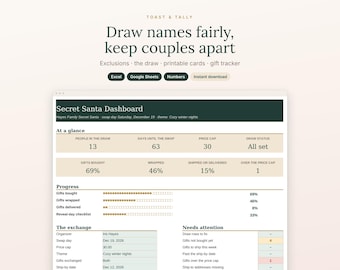 Secret Santa Organizer Spreadsheet, Gift Exchange Name Draw with Exclusions, White Elephant, Office and Family, Excel and Google Sheets