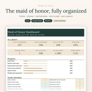 May include: A digital Maid of Honour Dashboard spreadsheet template by Toast & Tally. The interface features sections for At a glance metrics, Progress bars, and Needs attention, compatible with Excel, Google Sheets, and Numbers software.