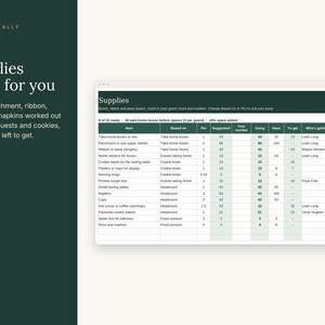 K&ouml;nnte beinhalten: Eine digitale Tabelle mit dem Titel Supplies von Toast & Tally, die eine &Uuml;bersicht mit Spalten f&uuml;r Artikel, Basis, pro, vorgeschlagen, Ihre Anzahl, verwendet, vorhanden, zu besorgen, wer es besorgt und Status zur Verfolgung von Partybedarf.