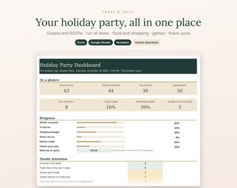 Holiday Party Planner Spreadsheet, Christmas Party Checklist, Guest List and RSVP Tracker, White Elephant Games, Excel and Google Sheets