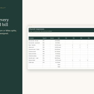 May include: A digital spreadsheet titled Shared expenses with columns for Description, Payer ID, Amount, Split, and P01 through P05. The text Toast & Tally, 04/04, Split every shared bill, and Equal, Custom or Miles splits; every cent assigned.