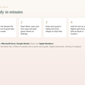May include: A digital instructional graphic titled Ready in minutes by Toast & Tally. It features four numbered steps for using a spreadsheet template, compatible with Microsoft Excel, Google Sheets, and Apple Numbers, detailing how to manage guest stays.