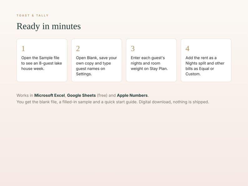 May include: A digital instructional graphic titled Ready in minutes by Toast & Tally. It features four numbered steps for using a spreadsheet template, compatible with Microsoft Excel, Google Sheets, and Apple Numbers, detailing how to manage guest stays.