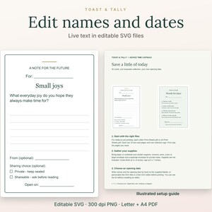 May include: A digital template set titled Toast & Tally featuring editable SVG files for advice time capsules. Includes a note for the future card with lines for names and dates, plus an illustrated setup guide for printing and assembly.