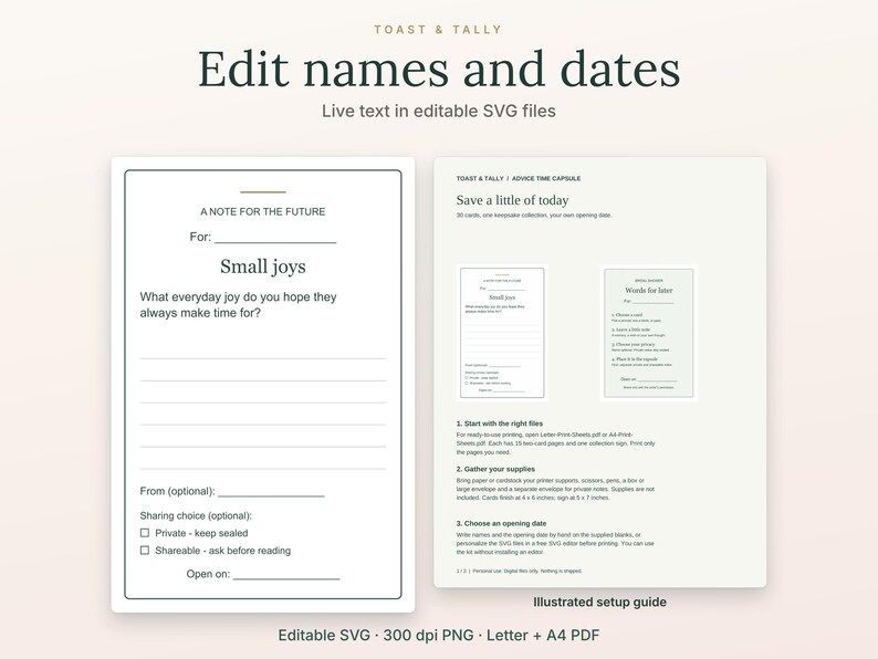 May include: A digital template set titled Toast & Tally featuring editable SVG files for advice time capsules. Includes a note for the future card with lines for names and dates, plus an illustrated setup guide for printing and assembly.