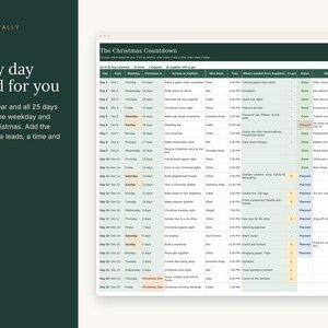 May include: A digital Christmas countdown planner template titled The Christmas Countdown, featuring a table with columns for day, date, weekday, activity, who leads, time, supplies, status, and notes, with text Toast & Tally on the left.