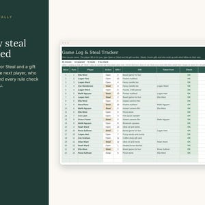 May include: A digital Game Log & Steal Tracker spreadsheet with a dark green header. The table includes columns for Move, Turn, Player, Action, Gift #, Gift, Taken from, Check, and Notes, with rows detailing specific game events.