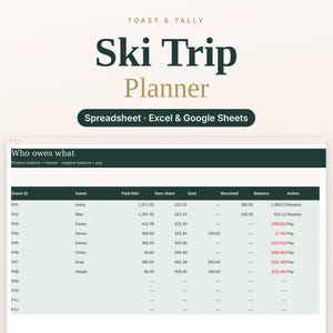 Ski Trip Planner Spreadsheet, Shared Expense Tracker, Lift Ticket Cost Splitter, Gear Rental Tracker, Ski Day Schedule, Excel