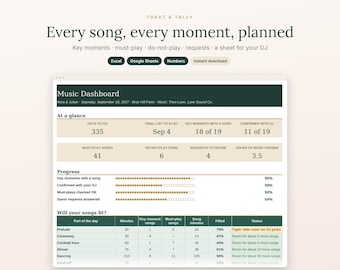 Wedding Song List Spreadsheet, Wedding Music Planner, DJ Must Play and Do Not Play List, First Dance and Key Moments, Excel, Google Sheets