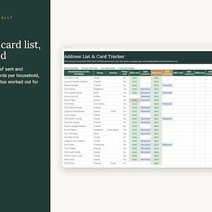 May include: A digital spreadsheet titled Address List & Card Tracker with columns for household names, groups, and card status over four years. The interface features a dark green header and light green rows, displaying text like Sent and Received.