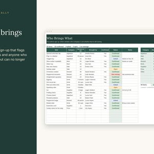 May include: A digital potluck sign-up sheet titled Who Brings What, featuring a table with columns for item, category, quantity, person, status, and notes, alongside a summary table showing item counts by category.