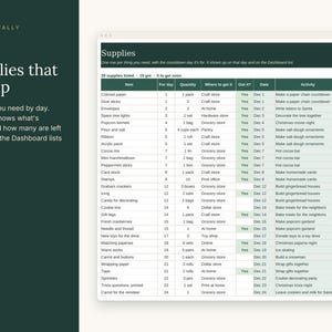 May include: A digital spreadsheet titled Supplies that roll up, featuring a dark green sidebar with text and a white table listing items, quantities, locations, dates, and activities for a Christmas countdown, with status columns marked Got it or To get.