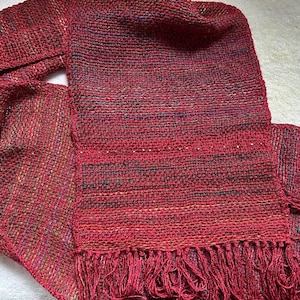 Handwoven red Japanese silk, scarf with metal beads