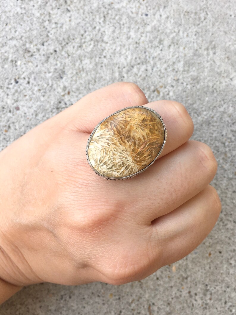 Coral Fossil Stone Ring Size 7
