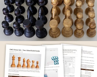 May include: A set of black and light brown wooden chess pieces arranged in two groups, accompanied by a printed CNC Chess Set Two-Sided Build Guide document detailing instructions and file contents for creating the pieces.