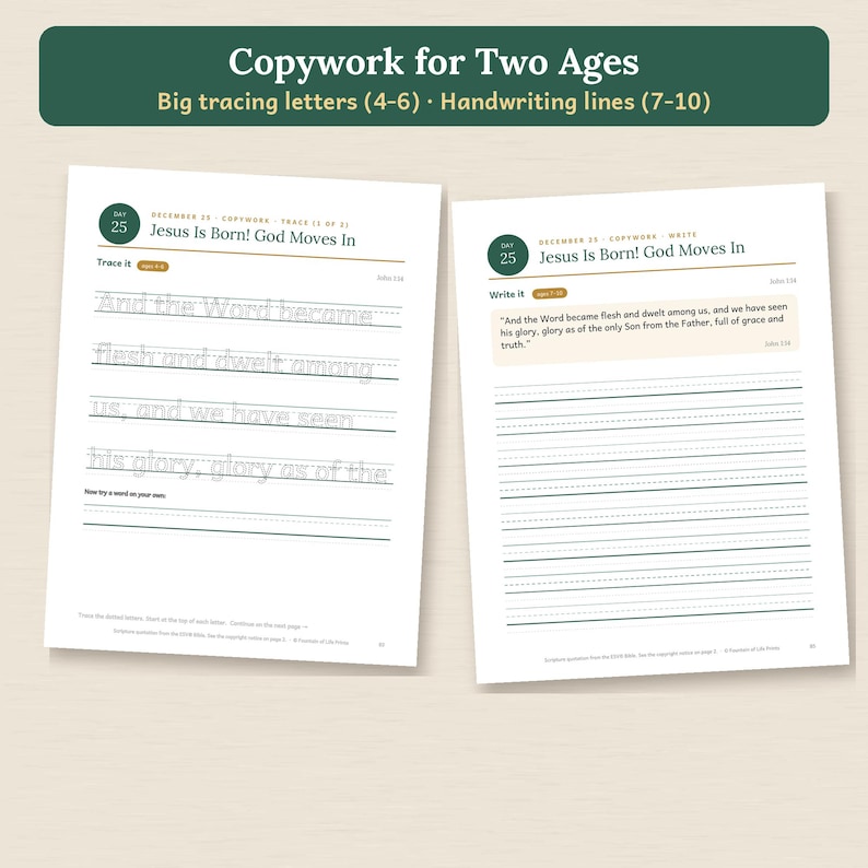 May include: Two educational worksheets titled Copywork for Two Ages, featuring Day 25 Jesus Is Born! God Moves In. One page shows tracing text for ages 4-6, while the other provides handwriting lines for ages 7-10 with a scripture passage.