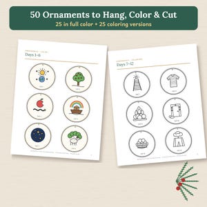 May include: Two pages of printable ornaments featuring 50 designs to hang, color, and cut. The left page shows full-color illustrations for Days 1-6, while the right page displays black and white coloring versions for Days 7-12 with circular outlines.