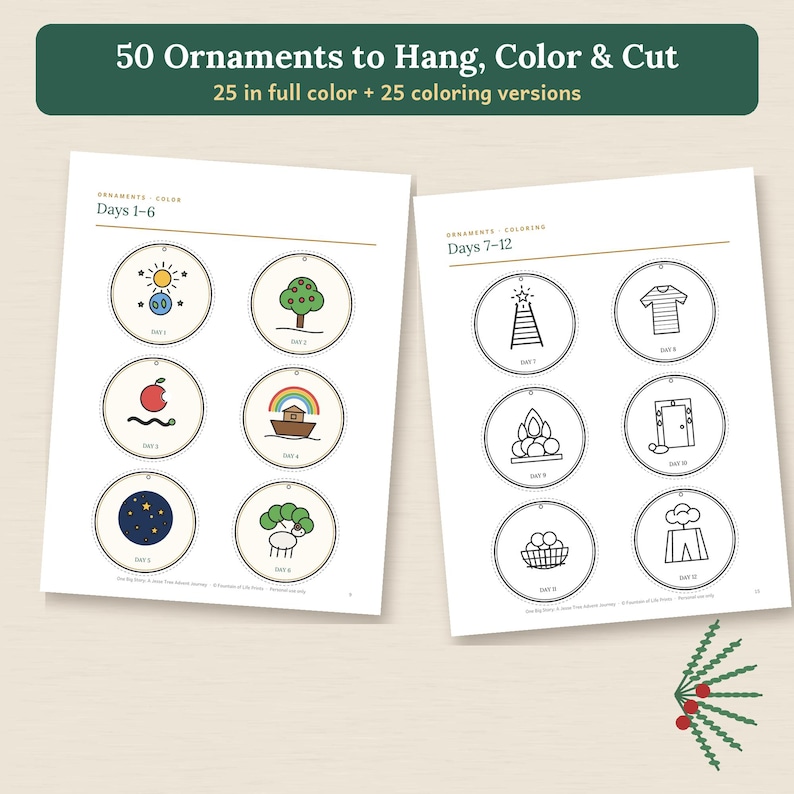 May include: Two pages of printable ornaments featuring 50 designs to hang, color, and cut. The left page shows full-color illustrations for Days 1-6, while the right page displays black and white coloring versions for Days 7-12 with circular outlines.