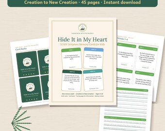 May include: A set of 52 KJV Scripture memory cards for kids, featuring a cover page titled Hide It in My Heart, pages with card backs, and tracing sheets. The cards include weekly verses with green and blue accents on white paper.