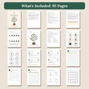 May include: A 95-page digital activity pack titled One Big Story featuring various worksheets, guides, and illustrations. The pages include tree diagrams with colorful circular icons, lined writing sheets, and symbol charts.