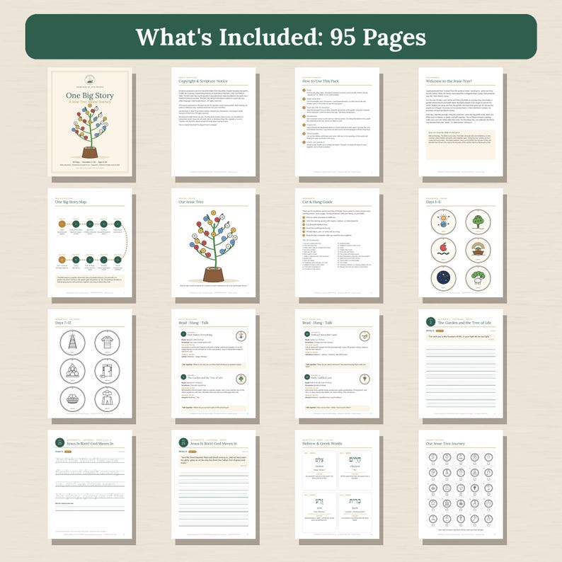 May include: A 95-page digital activity pack titled One Big Story featuring various worksheets, guides, and illustrations. The pages include tree diagrams with colorful circular icons, lined writing sheets, and symbol charts.
