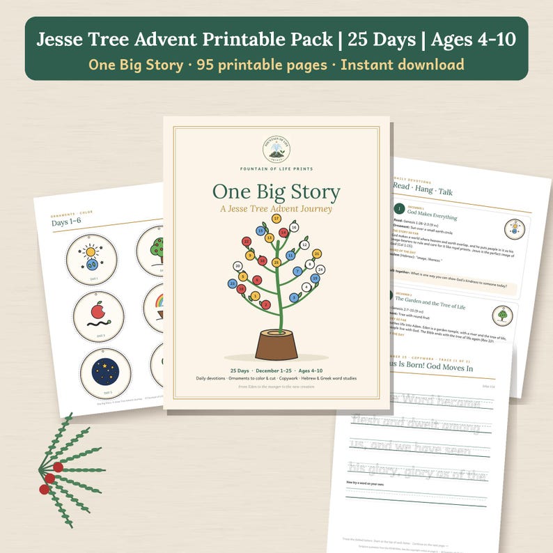 May include: A Jesse Tree Advent printable pack featuring 95 pages. The cover displays the title One Big Story, A Jesse Tree Advent Journey, with a tree illustration containing numbered circles. Additional pages show ornament templates and daily devotions.