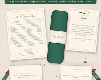 May include: A Christmas table scripture set featuring a reading card, a grace card, two place cards, and a dark green napkin wrap. The cards are cream-colored with gold borders and black text, including the Christmas story and prayers.