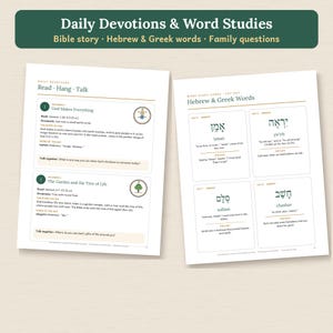 May include: Two white pages of a devotional guide titled Daily Devotions & Word Studies. The left page features Read, Hang, Talk sections with numbered entries. The right page displays Word Study Cards with Hebrew and Greek words.