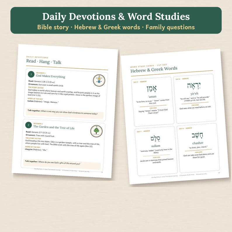 May include: Two white pages of a devotional guide titled Daily Devotions & Word Studies. The left page features Read, Hang, Talk sections with numbered entries. The right page displays Word Study Cards with Hebrew and Greek words.