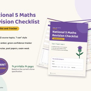 May include: A National 5 Maths Revision Checklist and Tracker with 14 printable A4 pages. The document features a purple header, a thistle graphic, and sections for 62 course topics, confidence tracking, and exam preparation details.