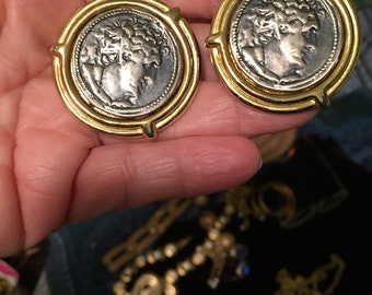 Medallion earrings Gold statement earrings| Greek coin earrings baroque vintage coins earrings retro lady face embossed earrings