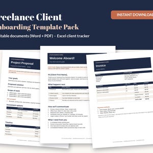 Puede incluir: Un paquete de plantillas digitales para la incorporación de clientes freelance con siete documentos editables en Word y PDF y un rastreador de clientes en Excel. Incluye propuesta de proyecto, guía de bienvenida y factura.