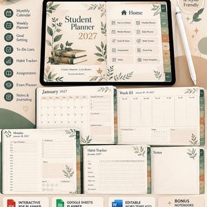 Peut inclure: Un planificateur étudiant numérique 2027 affiché sur une tablette avec un stylet, comprenant un tableau de bord, des calendriers mensuels et hebdomadaires, des suivis d'habitudes et des journaux de devoirs avec des illustrations botaniques.