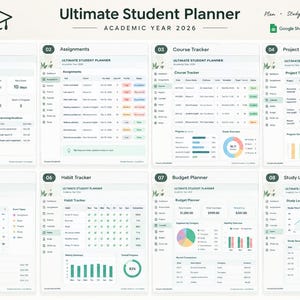 Peut inclure: Un planificateur étudiant numérique pour l'année académique 2026, comprenant huit sections : tableau de bord, devoirs, suivi de cours, suivi de projet, calendrier intelligent, suivi d'habitudes, budget et journal d'étude, sous forme de modèle Google Sheets.