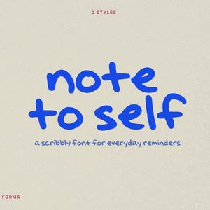 Puede incluir: Un gráfico digital con el texto azul note to self y a scribbly font for everyday reminders. El fondo es de color blanco roto con detalles amarillos, incluyendo el texto 4 weights, 2 styles, 8 fonts y uncommon forms.