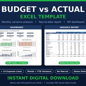Può includere: Un modello Excel digitale per l'analisi del budget rispetto ai dati effettivi. Il layout presenta una dashboard con 8 schede KPI e 6 grafici, insieme a un report di varianza con 6 linee di reddito e 14 di spesa. Include dati dimostrativi.