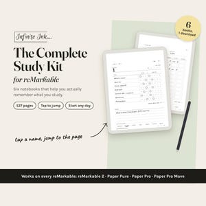 May include: A digital study kit for reMarkable tablets featuring two tablet screens displaying study planner pages, a stylus, and text including Infinite Ink, The Complete Study Kit for reMarkable, 527 pages, Tap to jump, Start any day, and 6 books, 1 download.